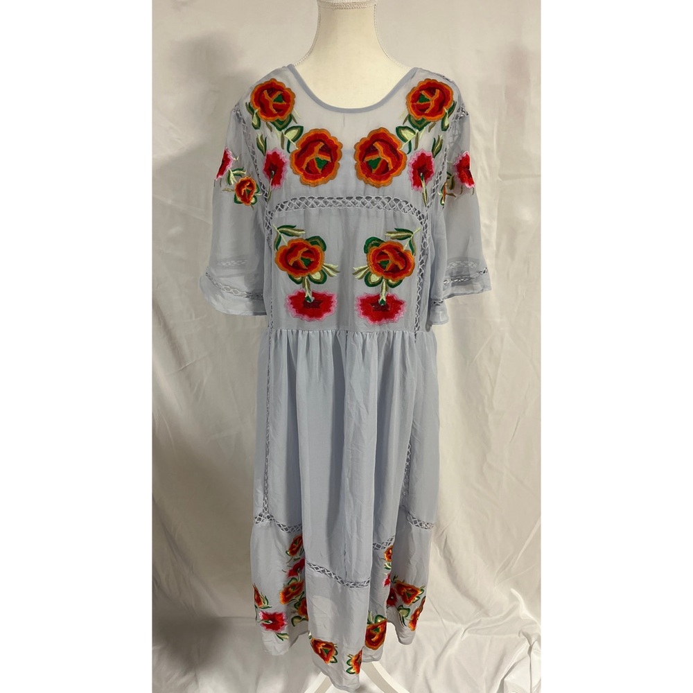 ASOS Light Blue Midi Dress with Red Floral Embroidery